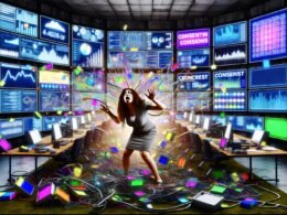 Marketer in einem überladenen Kontrollraum mit zahlreichen Bildschirmen, auf denen Analytics-Dashboards, Tracking-Pixel und Consent-Banner zu sehen sind.