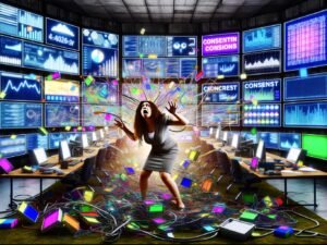 Marketer in einem überladenen Kontrollraum mit zahlreichen Bildschirmen, auf denen Analytics-Dashboards, Tracking-Pixel und Consent-Banner zu sehen sind.