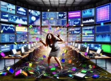 Marketer in einem überladenen Kontrollraum mit zahlreichen Bildschirmen, auf denen Analytics-Dashboards, Tracking-Pixel und Consent-Banner zu sehen sind.