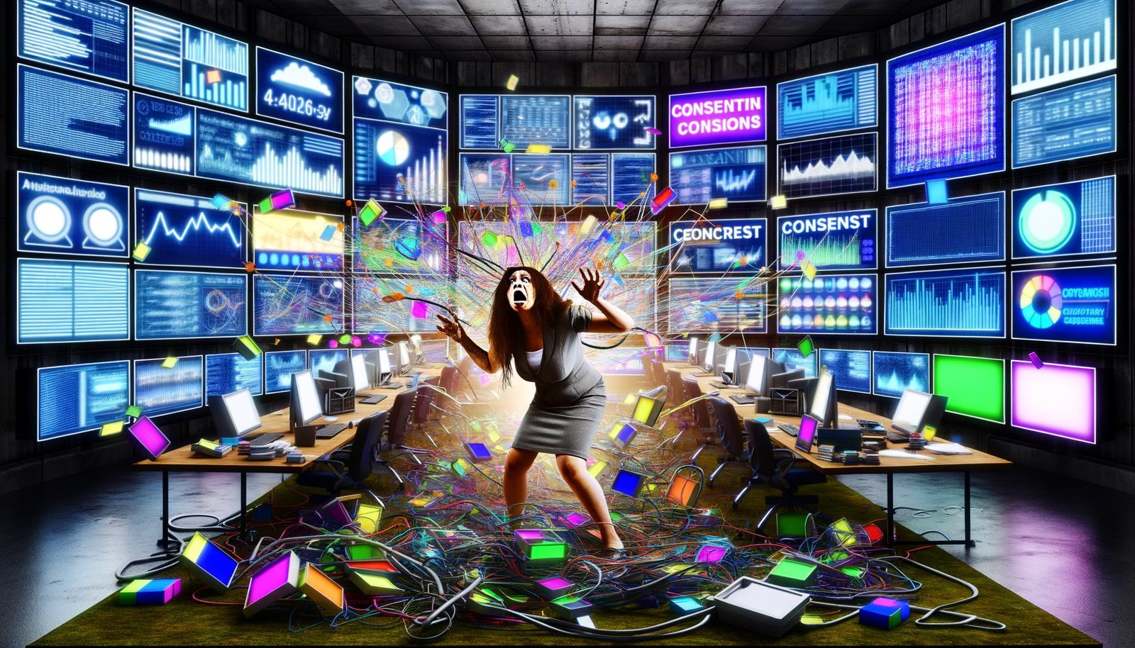 Marketer in einem überladenen Kontrollraum mit zahlreichen Bildschirmen, auf denen Analytics-Dashboards, Tracking-Pixel und Consent-Banner zu sehen sind.