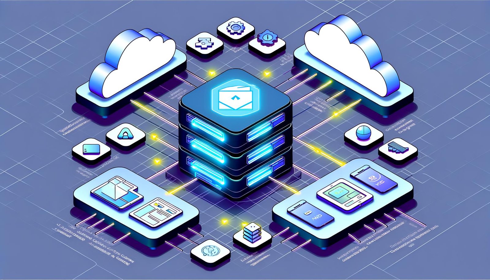 Isometrische Illustration einer modernen Jamstack Multichannel Architektur mit Headless CMS, API-Verbindungen zu unterschiedlichen Frontends, Sicherheitslayern, Static Site Generator-Logos und globalem CDN-Netzwerk im Glitch-Effekt.