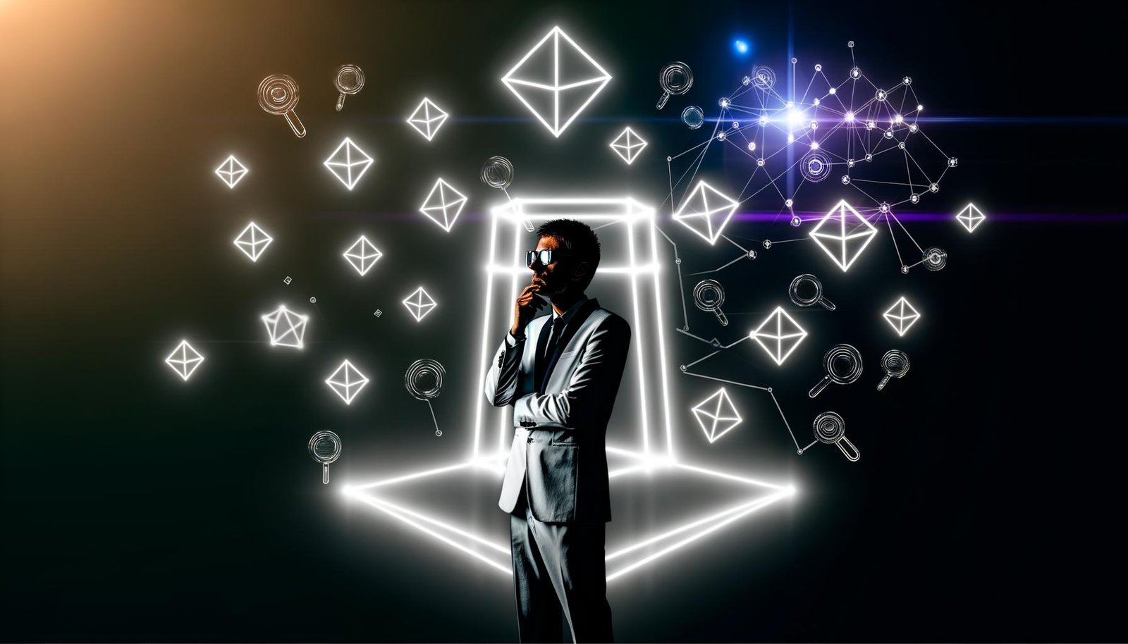 Dramatische Nahaufnahme eines Experten vor einem leuchtenden digitalen Framework-Gitter, umgeben von geometrischen Content-Blöcken und vernetzten Linien auf schwarz-weißem Hintergrund mit Neon-Akzenten.