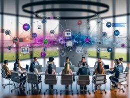 Marketing-Team im modernen Büro analysiert verschiedene Online-Marketing-Kanäle und Dashboards auf großen Bildschirmen, mit abstraktem Datenlayer über dem Besprechungstisch.