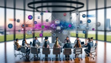 Marketing-Team im modernen Büro analysiert verschiedene Online-Marketing-Kanäle und Dashboards auf großen Bildschirmen, mit abstraktem Datenlayer über dem Besprechungstisch.