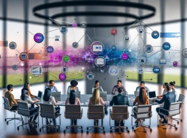 Marketing-Team im modernen Büro analysiert verschiedene Online-Marketing-Kanäle und Dashboards auf großen Bildschirmen, mit abstraktem Datenlayer über dem Besprechungstisch.