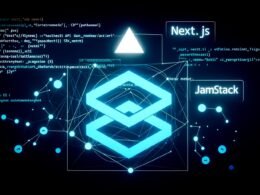 Futuristisches Titelbild im Dunkelmodus mit Next.js-Logo, Headless CMS-Würfel und Jamstack-Dreieck, verbunden durch leuchtende API-Ströme, im Hintergrund Codenetze, SEO-Tags und Performance-Grafen, unten das 404 Magazine-Logo.