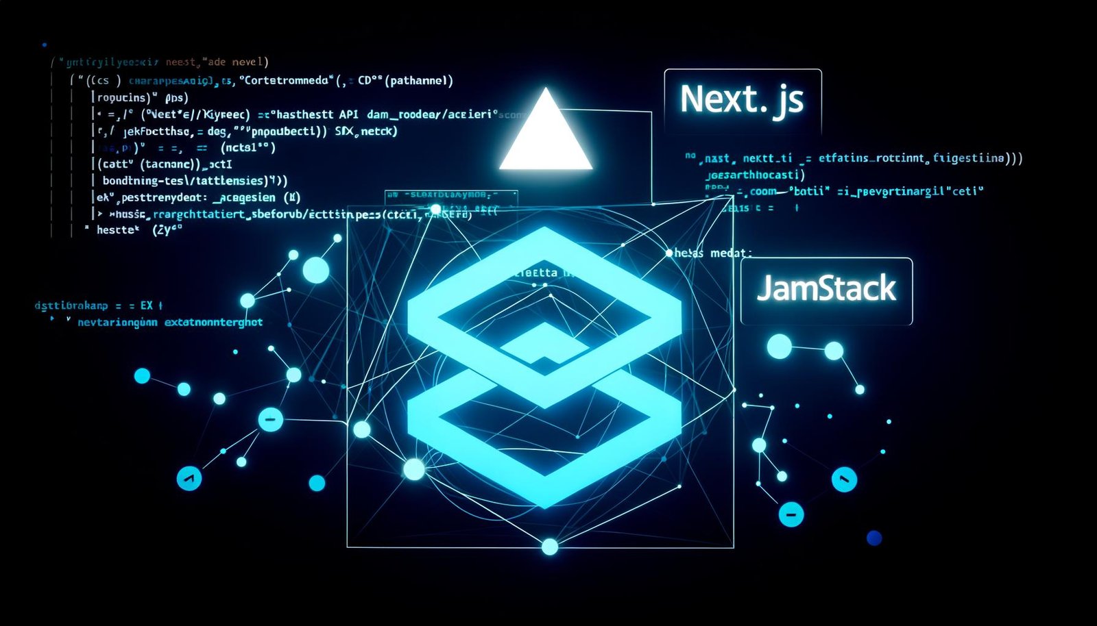 Futuristisches Titelbild im Dunkelmodus mit Next.js-Logo, Headless CMS-Würfel und Jamstack-Dreieck, verbunden durch leuchtende API-Ströme, im Hintergrund Codenetze, SEO-Tags und Performance-Grafen, unten das 404 Magazine-Logo.