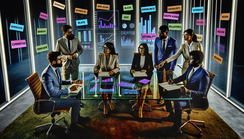 Dynamisches Team von Geschäftsexperten diskutiert am Hightech-Tisch über Content-Strategien, mit sichtbaren SEO-Dashboards, Charts und Stichworten wie Expertise und Relevanz an der Glaswand.