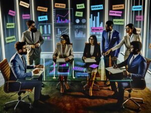 Dynamisches Team von Geschäftsexperten diskutiert am Hightech-Tisch über Content-Strategien, mit sichtbaren SEO-Dashboards, Charts und Stichworten wie Expertise und Relevanz an der Glaswand.