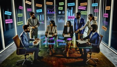 Dynamisches Team von Geschäftsexperten diskutiert am Hightech-Tisch über Content-Strategien, mit sichtbaren SEO-Dashboards, Charts und Stichworten wie Expertise und Relevanz an der Glaswand.