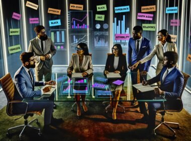 Dynamisches Team von Geschäftsexperten diskutiert am Hightech-Tisch über Content-Strategien, mit sichtbaren SEO-Dashboards, Charts und Stichworten wie Expertise und Relevanz an der Glaswand.