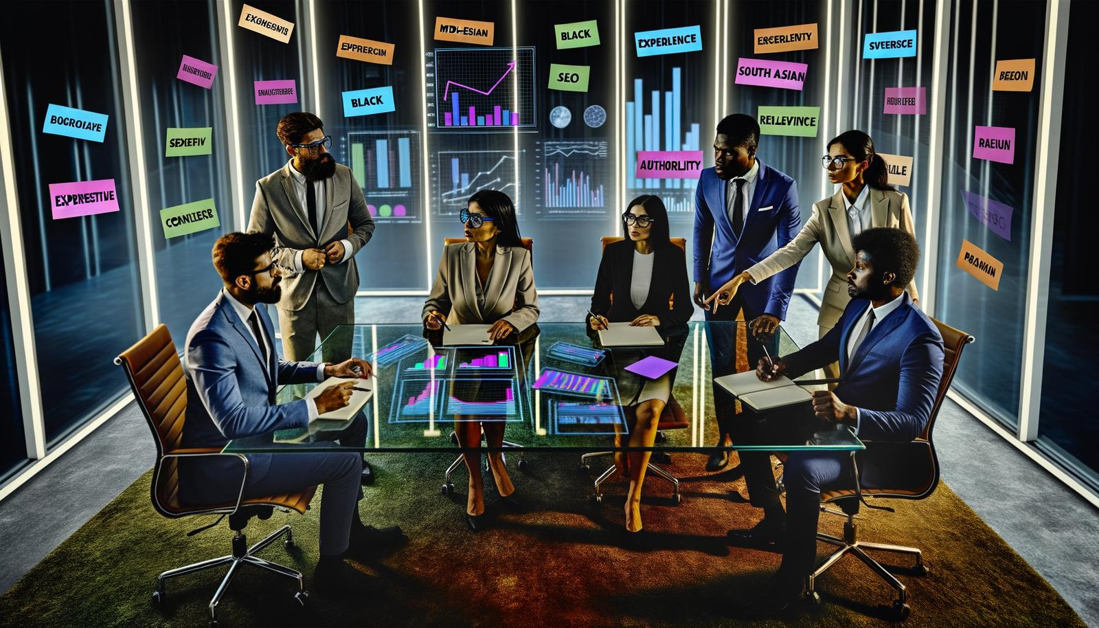 Dynamisches Team von Geschäftsexperten diskutiert am Hightech-Tisch über Content-Strategien, mit sichtbaren SEO-Dashboards, Charts und Stichworten wie Expertise und Relevanz an der Glaswand.