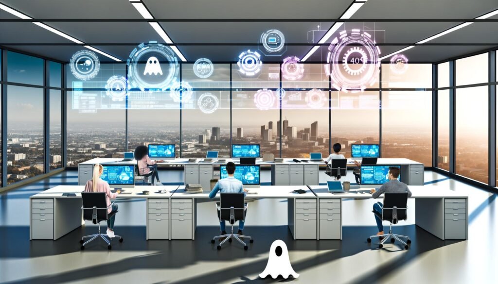 Mitarbeitende in einem modernen Büro arbeiten an Laptops vor einer Großstadtkulisse mit digitalen Interfaces, Automatisierungs-Icons sowie Marketing-Tools auf Monitoren; entspanntes Team, Schreckgespenst-Poster im Vordergrund.