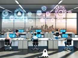 Mitarbeitende in einem modernen Büro arbeiten an Laptops vor einer Großstadtkulisse mit digitalen Interfaces, Automatisierungs-Icons sowie Marketing-Tools auf Monitoren; entspanntes Team, Schreckgespenst-Poster im Vordergrund.