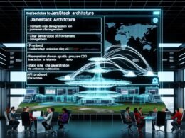 Futuristisches Büro mit großen Bildschirmen, die die Jamstack-Architektur zeigen, Entwickler und Marketer arbeiten zusammen vor digitalen Displays mit Diagrammen zu statischer Generierung und globalen CDN-Knoten.
