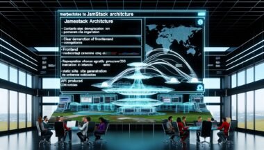 Futuristisches Büro mit großen Bildschirmen, die die Jamstack-Architektur zeigen, Entwickler und Marketer arbeiten zusammen vor digitalen Displays mit Diagrammen zu statischer Generierung und globalen CDN-Knoten.