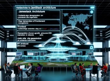 Futuristisches Büro mit großen Bildschirmen, die die Jamstack-Architektur zeigen, Entwickler und Marketer arbeiten zusammen vor digitalen Displays mit Diagrammen zu statischer Generierung und globalen CDN-Knoten.