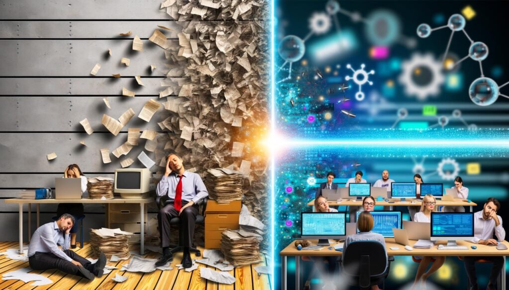 Bildhälfte links zeigt gestressten Büroangestellten mit Papierstapeln und alten Geräten, rechts moderne digitale Arbeitsumgebung mit entspannter Kreativität, KI-Tools und Datenströmen.