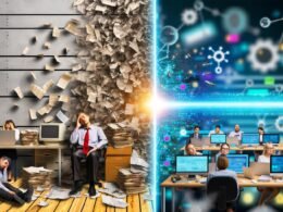 Bildhälfte links zeigt gestressten Büroangestellten mit Papierstapeln und alten Geräten, rechts moderne digitale Arbeitsumgebung mit entspannter Kreativität, KI-Tools und Datenströmen.