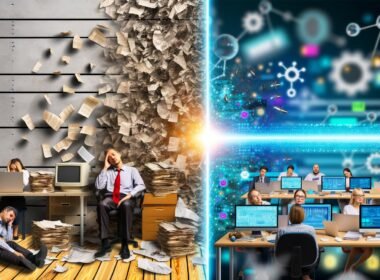 Bildhälfte links zeigt gestressten Büroangestellten mit Papierstapeln und alten Geräten, rechts moderne digitale Arbeitsumgebung mit entspannter Kreativität, KI-Tools und Datenströmen.