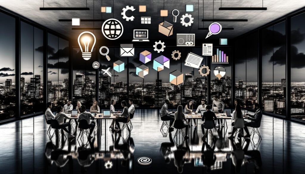 Junge diverse Digital Professionals diskutieren nachts in einem modernen Loft-Office, umgeben von Laptops und kreativen Arbeitsmaterialien, vor urbaner Skyline mit schwebenden 3D-Icons für Kreativität, Klarheit und Kompetenz.