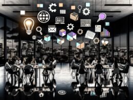 Junge diverse Digital Professionals diskutieren nachts in einem modernen Loft-Office, umgeben von Laptops und kreativen Arbeitsmaterialien, vor urbaner Skyline mit schwebenden 3D-Icons für Kreativität, Klarheit und Kompetenz.