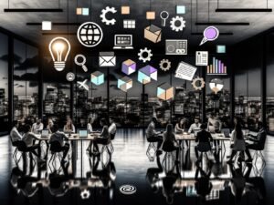 Junge diverse Digital Professionals diskutieren nachts in einem modernen Loft-Office, umgeben von Laptops und kreativen Arbeitsmaterialien, vor urbaner Skyline mit schwebenden 3D-Icons für Kreativität, Klarheit und Kompetenz.