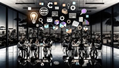 Junge diverse Digital Professionals diskutieren nachts in einem modernen Loft-Office, umgeben von Laptops und kreativen Arbeitsmaterialien, vor urbaner Skyline mit schwebenden 3D-Icons für Kreativität, Klarheit und Kompetenz.