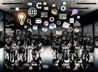 Junge diverse Digital Professionals diskutieren nachts in einem modernen Loft-Office, umgeben von Laptops und kreativen Arbeitsmaterialien, vor urbaner Skyline mit schwebenden 3D-Icons für Kreativität, Klarheit und Kompetenz.