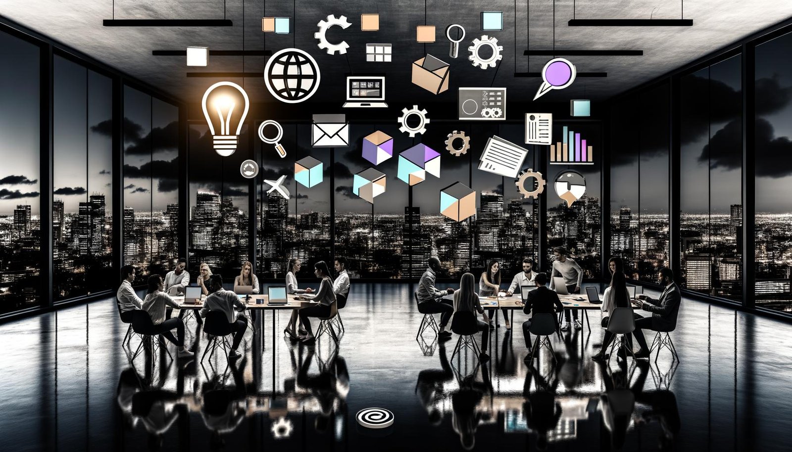 Junge diverse Digital Professionals diskutieren nachts in einem modernen Loft-Office, umgeben von Laptops und kreativen Arbeitsmaterialien, vor urbaner Skyline mit schwebenden 3D-Icons für Kreativität, Klarheit und Kompetenz.