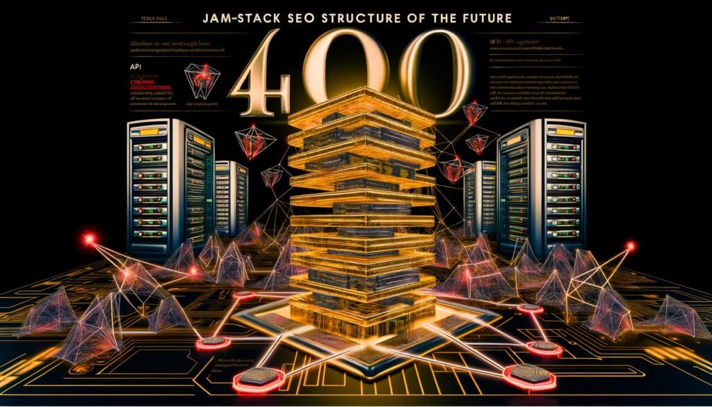 Magazin-Cover mit goldfarbenem HTML-Skelett, überlappenden HTML- und API-Icons, Meta-Tags-Netzwerk, Core Web Vitals-Symbolen, Serverracks im Hintergrund sowie abstrahierten Googlebots und roten SEO-Warnhinweisen.