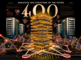 Magazin-Cover mit goldfarbenem HTML-Skelett, überlappenden HTML- und API-Icons, Meta-Tags-Netzwerk, Core Web Vitals-Symbolen, Serverracks im Hintergrund sowie abstrahierten Googlebots und roten SEO-Warnhinweisen.