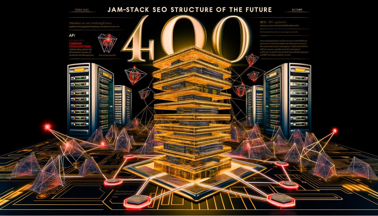 Magazin-Cover mit goldfarbenem HTML-Skelett, überlappenden HTML- und API-Icons, Meta-Tags-Netzwerk, Core Web Vitals-Symbolen, Serverracks im Hintergrund sowie abstrahierten Googlebots und roten SEO-Warnhinweisen.