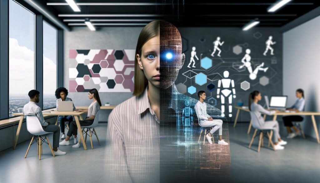 Modernes Großraumbüro mit Mitarbeitenden, KI-Schattenfiguren und Robotern, angespannten Person und virtuellen Diagrammen.