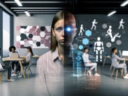 Modernes Großraumbüro mit Mitarbeitenden, KI-Schattenfiguren und Robotern, angespannten Person und virtuellen Diagrammen.