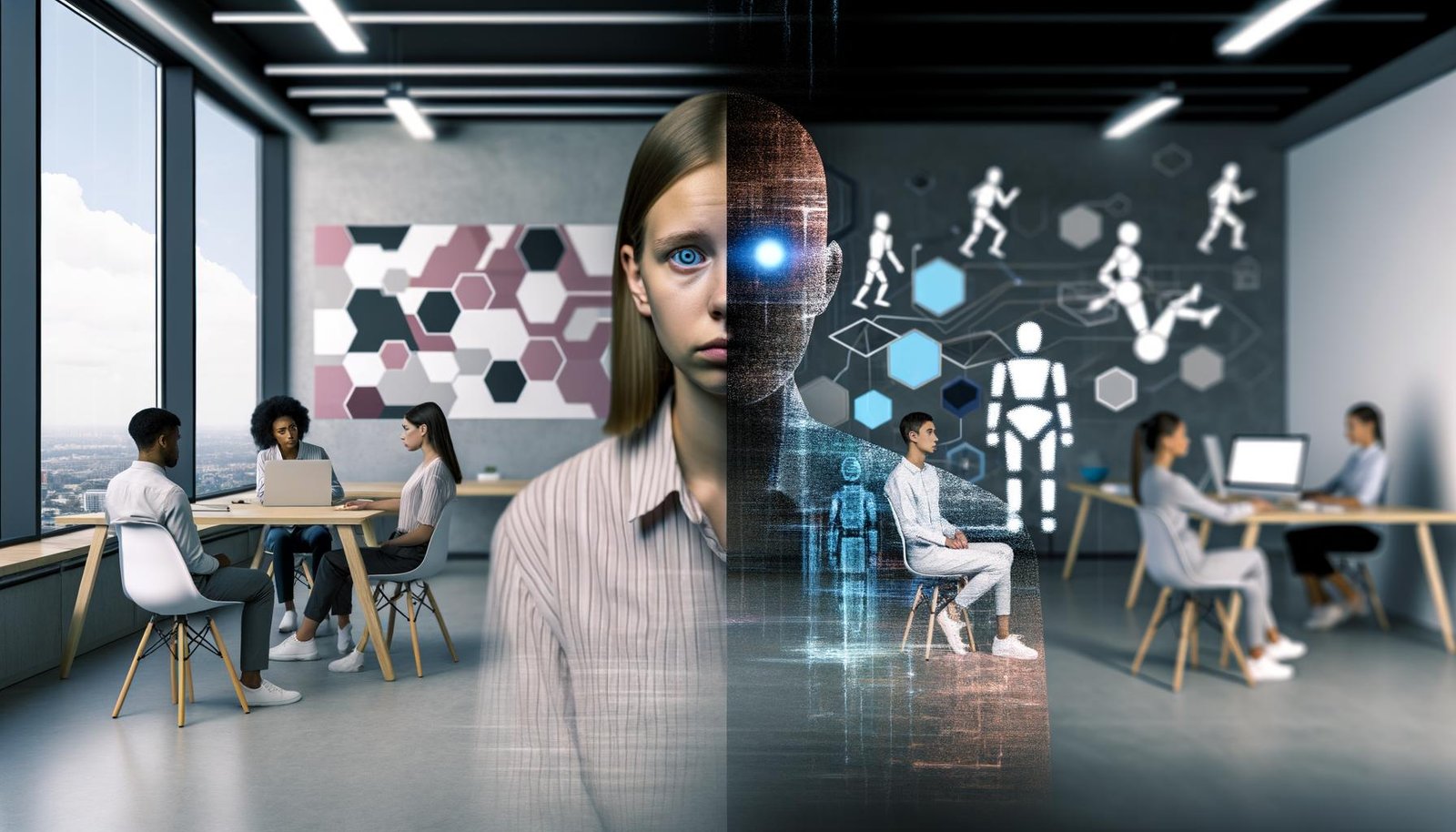 Modernes Großraumbüro mit Mitarbeitenden, KI-Schattenfiguren und Robotern, angespannten Person und virtuellen Diagrammen.