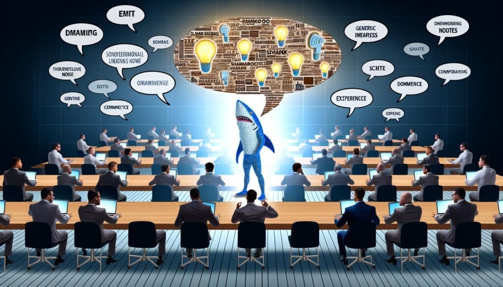 Illustration eines Konferenzraums mit Geschäftsleuten, leeren Buzzword-Sprechblasen, Ideengebern und einem Thought Leader mit Daten und Fachliteratur, digitalem LinkedIn-Feed im Hintergrund.