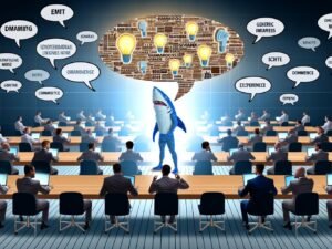 Illustration eines Konferenzraums mit Geschäftsleuten, leeren Buzzword-Sprechblasen, Ideengebern und einem Thought Leader mit Daten und Fachliteratur, digitalem LinkedIn-Feed im Hintergrund.