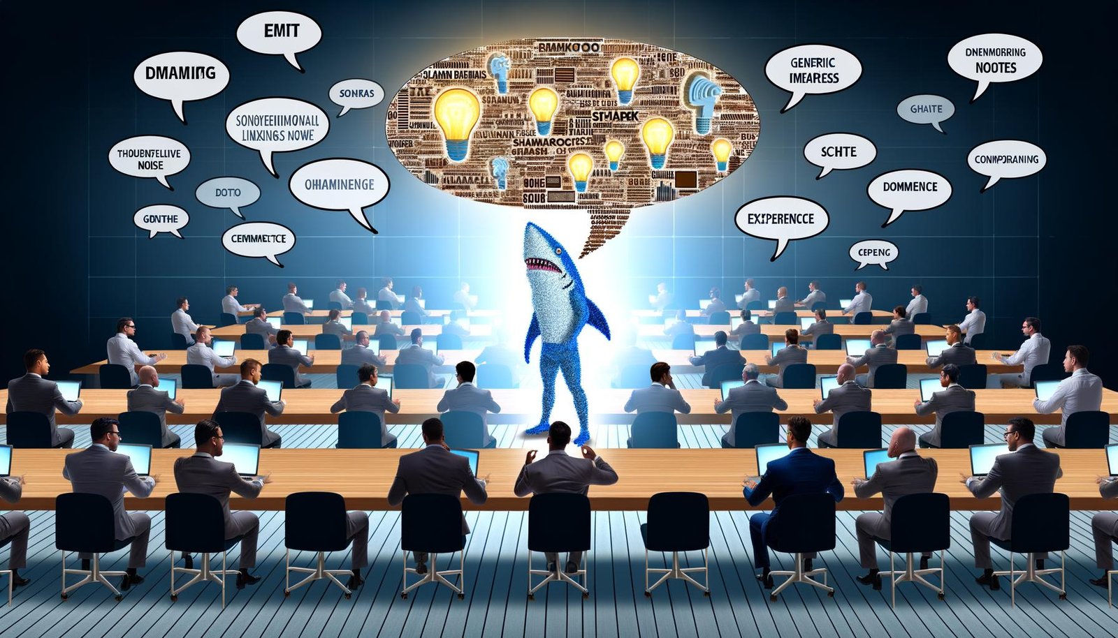 Illustration eines Konferenzraums mit Geschäftsleuten, leeren Buzzword-Sprechblasen, Ideengebern und einem Thought Leader mit Daten und Fachliteratur, digitalem LinkedIn-Feed im Hintergrund.