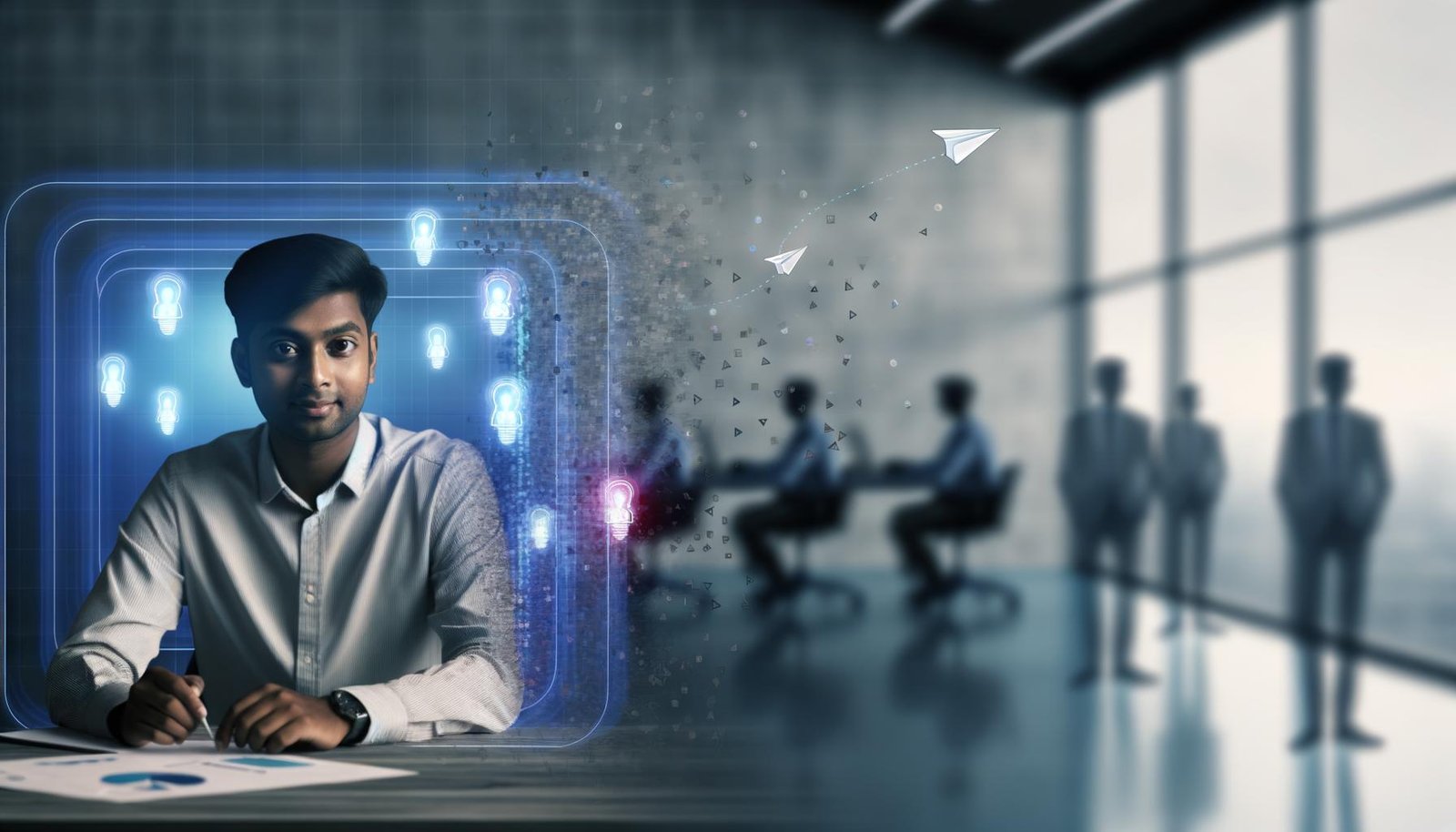 Junger Marketer an Schreibtisch mit holografischen Datenvisualisierungen und KI-Icons in einer modernen, blau-grauen Bürolandschaft; im Hintergrund Mitarbeitende in Code und kreative Symbole.