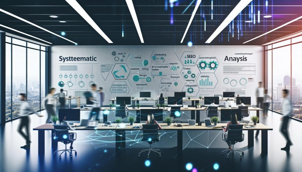 Vogelperspektive auf ein modernes Büro mit diversen Arbeitskräften, die an Laptops und digitalen Redaktionsplänen, Daten-Dashboards sowie SEO-Analysen arbeiten; motivierende Poster und digitale Vernetzung sind sichtbar.