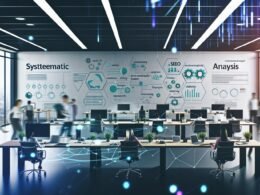 Vogelperspektive auf ein modernes Büro mit diversen Arbeitskräften, die an Laptops und digitalen Redaktionsplänen, Daten-Dashboards sowie SEO-Analysen arbeiten; motivierende Poster und digitale Vernetzung sind sichtbar.