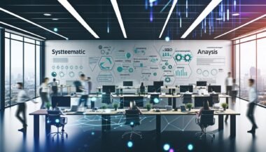 Vogelperspektive auf ein modernes Büro mit diversen Arbeitskräften, die an Laptops und digitalen Redaktionsplänen, Daten-Dashboards sowie SEO-Analysen arbeiten; motivierende Poster und digitale Vernetzung sind sichtbar.