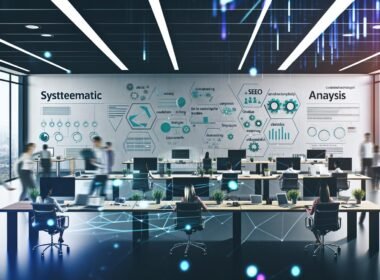 Vogelperspektive auf ein modernes Büro mit diversen Arbeitskräften, die an Laptops und digitalen Redaktionsplänen, Daten-Dashboards sowie SEO-Analysen arbeiten; motivierende Poster und digitale Vernetzung sind sichtbar.