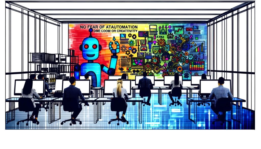 Moderne Büroraum-Illustration mit Mitarbeitenden an Computern und freundlichen Robotern, die repetitive Aufgaben übernehmen. Bunte Diagramme und große Botschaft zur Kreativität an der Wand.