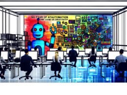 Moderne Büroraum-Illustration mit Mitarbeitenden an Computern und freundlichen Robotern, die repetitive Aufgaben übernehmen. Bunte Diagramme und große Botschaft zur Kreativität an der Wand.