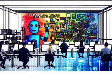 Moderne Büroraum-Illustration mit Mitarbeitenden an Computern und freundlichen Robotern, die repetitive Aufgaben übernehmen. Bunte Diagramme und große Botschaft zur Kreativität an der Wand.