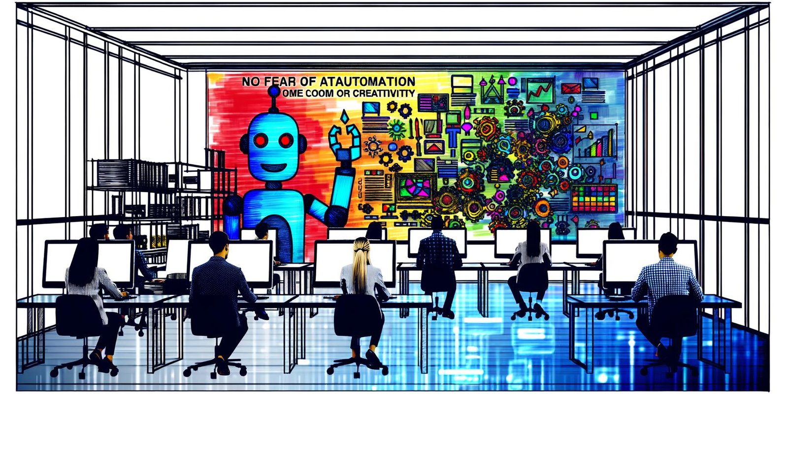 Moderne Büroraum-Illustration mit Mitarbeitenden an Computern und freundlichen Robotern, die repetitive Aufgaben übernehmen. Bunte Diagramme und große Botschaft zur Kreativität an der Wand.