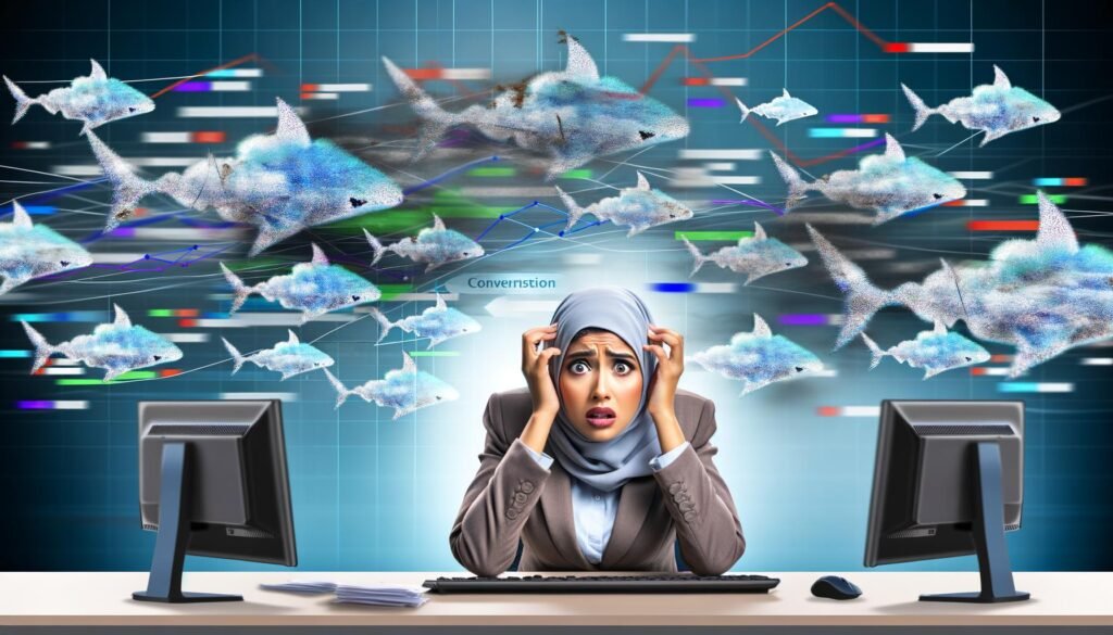 Dramatische digitale Illustration eines besorgten Marketers an einem chaotischen Arbeitsplatz mit fehlerhaften Datenspuren und ominösen Haien im Hintergrund.