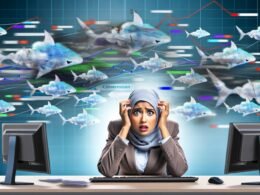 Dramatische digitale Illustration eines besorgten Marketers an einem chaotischen Arbeitsplatz mit fehlerhaften Datenspuren und ominösen Haien im Hintergrund.